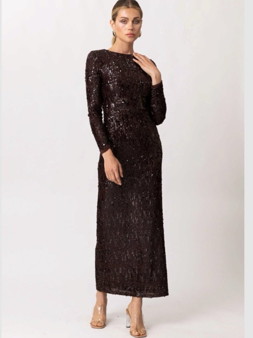 Line & Dot Chelsea Sequin Maxi Dress Chocolate Brown Long Sleeve Open Tie Back M